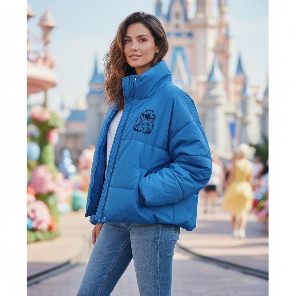 Disney Stitch Puffer Jacket Womens Blue Ohana Lilo & Stitch Puffy Coat Size L